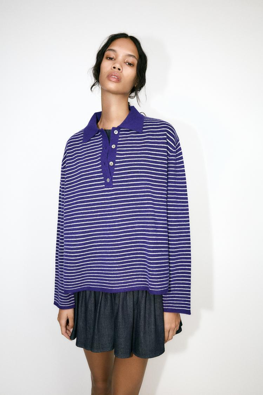 ZARA СВИТЕР В ПОЛОСКУ С ВОРОТНИКОМ ПОЛО, СИНИЙ/БЕЛЫЙ