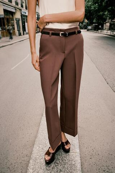 ZARA БРЮКИ С ОТВОРОТАМИ И РЕМНЕМ, КОРИЧНЕВЫЙ