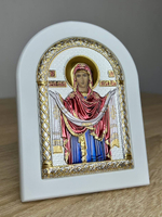 Покрова БМ, икона арочная, белое дерево, эмаль 105х140