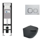 Унитаз подвесной WeltWasser AMBERG 350 + MERZBACH 043 MT-BL + AMBERG RD-WT черный матовый, безободковый, с крышкой микролифт, слив-торнадо, с инсталляцией и белой кнопкой