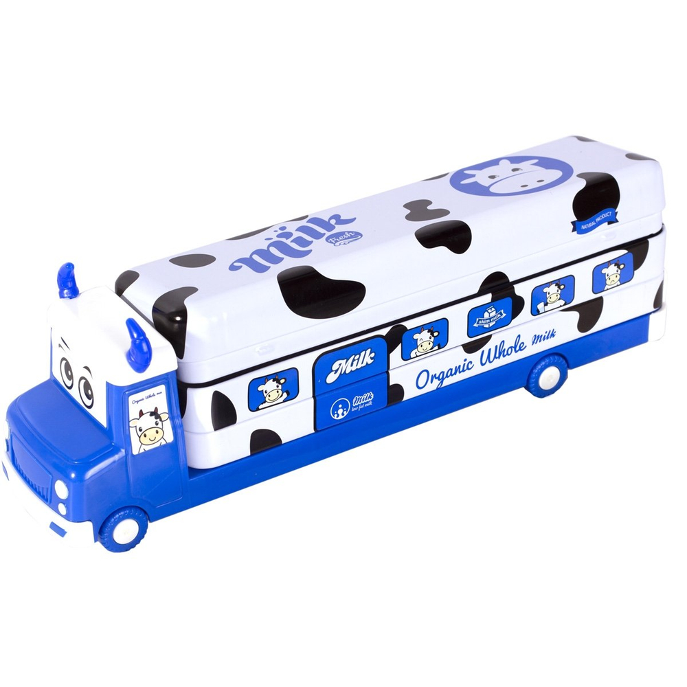 Пенал с наполнением, металлический 2 отделения автобус Alingar, таб. умнож, линейка 15 см, 5 ч/г карандашей, 3 точилки 50 х 190 мм, "Milk bus", синий