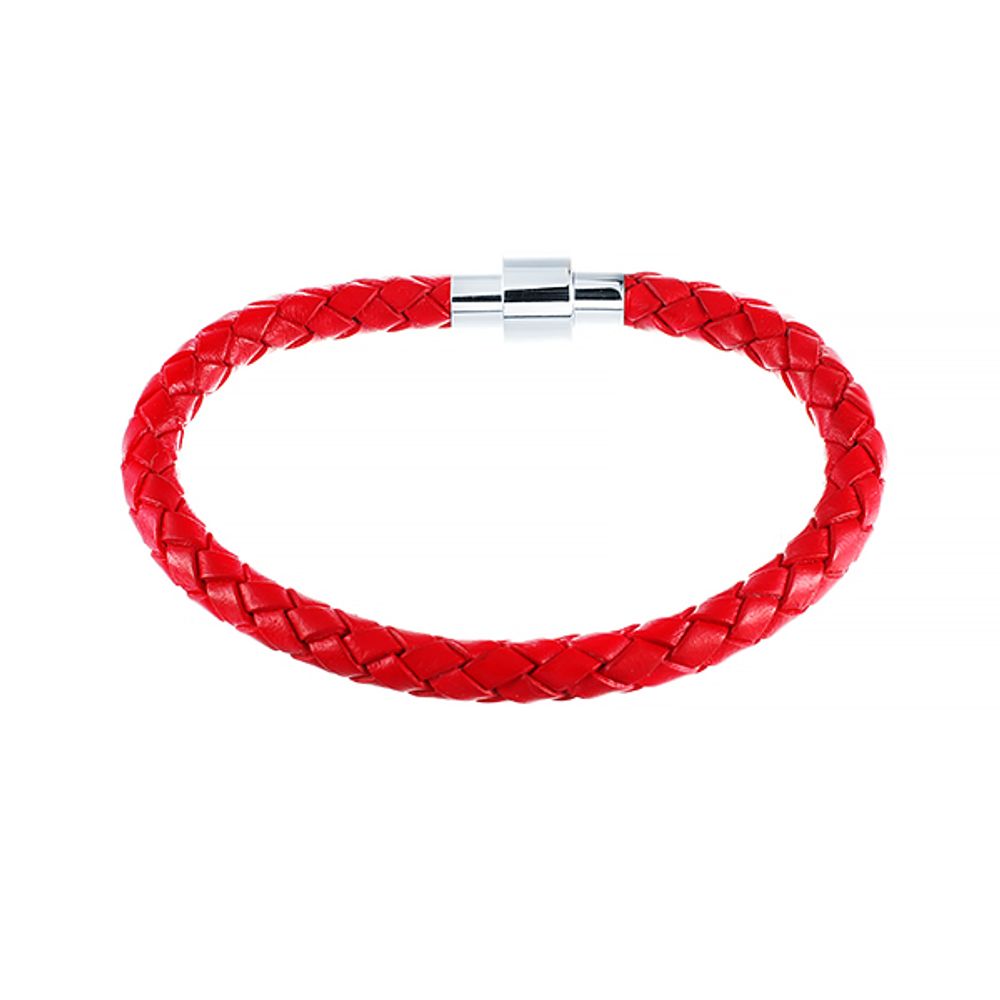 Стильный модный плетёный красный кожаный браслет с магнитной застёжкой JV 232-0121 в подарочной упаковке