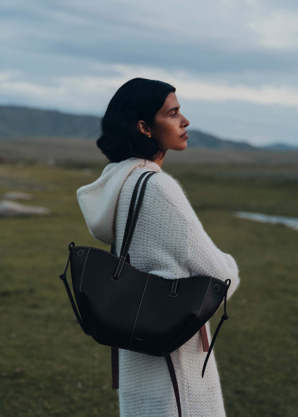 Сумка Polene Cyme Mini EDITION TEXTURED BLACK WITH ECRU STITCHING