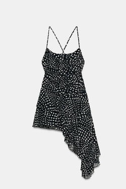 ZARA ПЛАТЬЕ СО СБОРКАМИ В ГОРОШЕК, ЧЕРНЫЙ/ЭКРЮ