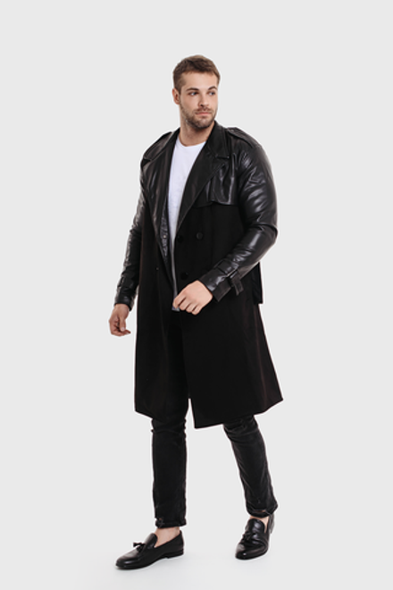 Плащ комбинированный черный кожа+замша с поясом