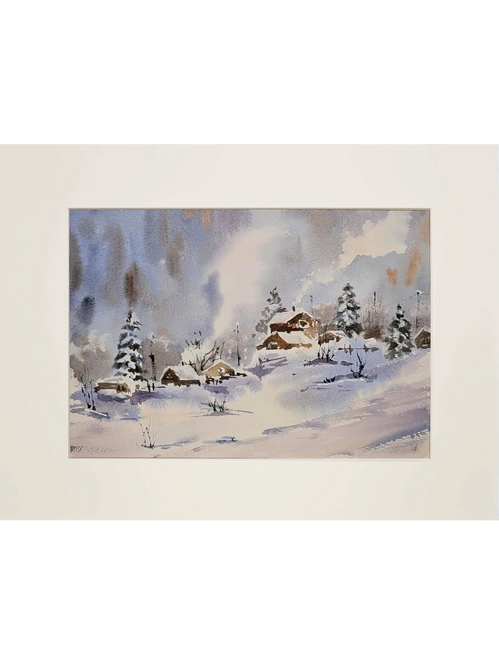 Картина авторская акварельная в паспарту 30х40 см на стену для интерьера "Снежная зима"