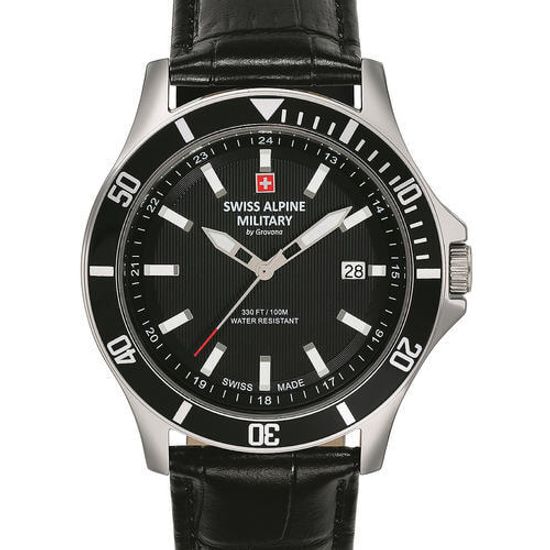 С ремешком Мужские наручные часы с черным кожаным ремешком  Swiss Alpine Military 7022.1537 mens 42mm 10ATM