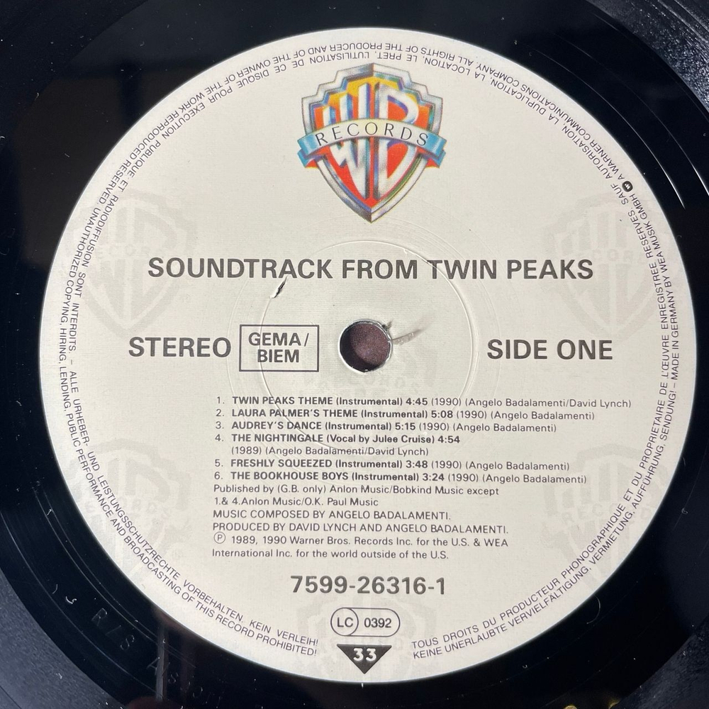 Винтажная виниловая пластинка LP Angelo Badalamenti, Music From Twin Peaks, Твин Пикс (Германия 1990)