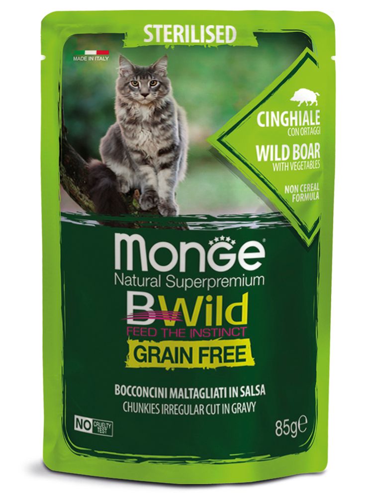 Влажный корм Monge Cat BWild GRAIN FREE для стерилизованных кошек, беззерновой, из мяса дикого кабана с овощами 85 г