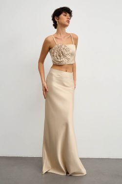 Юбка макси из атласа цвета шампань