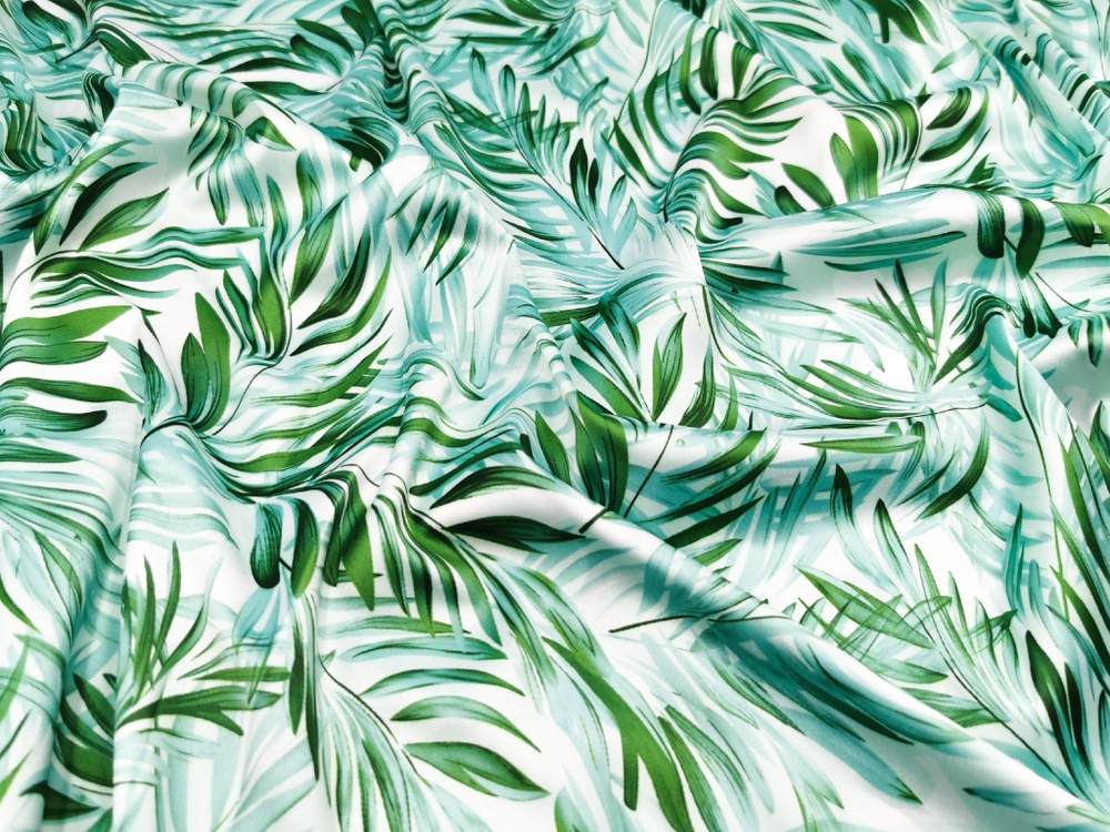 Эластичный бельевой атлас-стрейч, зеленые листочки, (Арт: ASP-009)