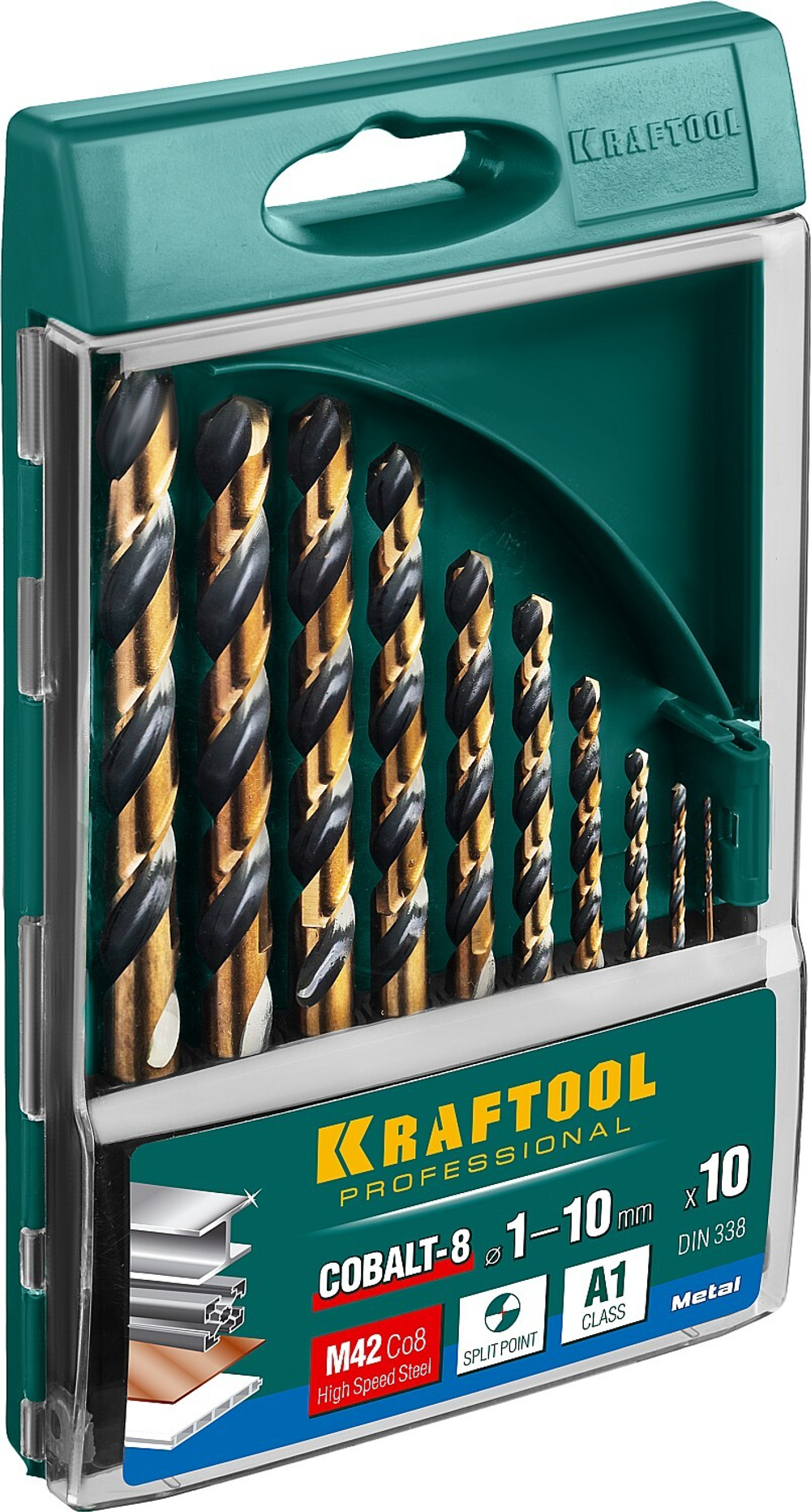 KRAFTOOL Cobalt, 10 шт, (1-10 мм), сталь М42, HSS-Co(8%), набор сверл по металлу (29656-H10)