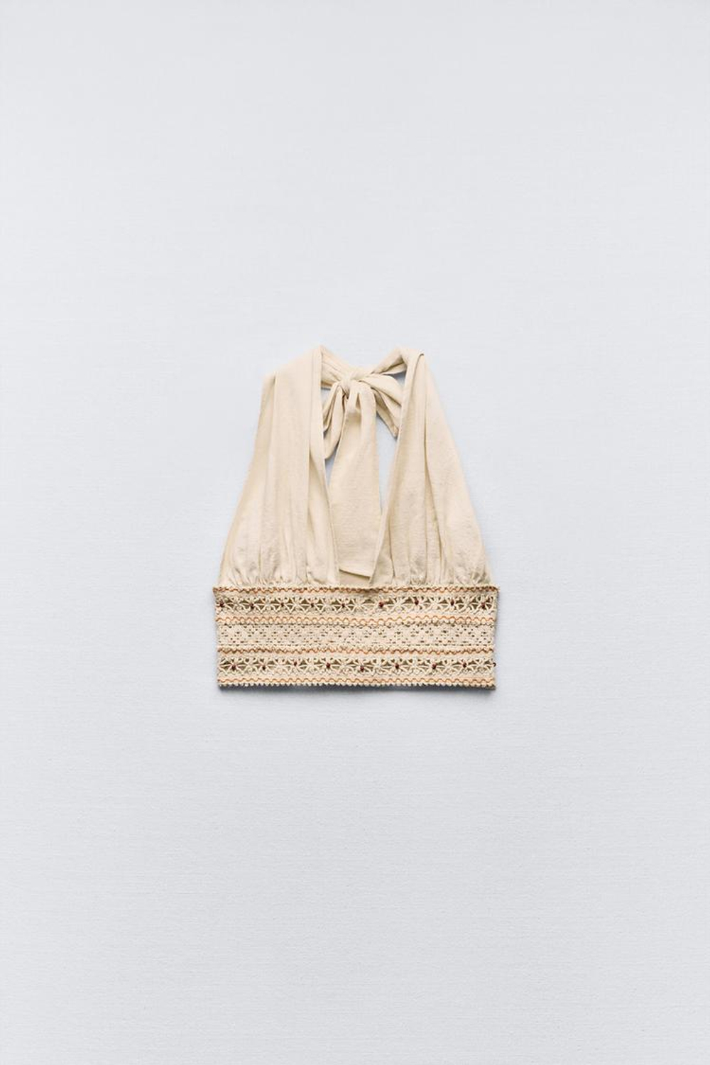 ZARA ТОП С ДЕТАЛЬЮ ИЗ КРУЖЕВА КРОШЕ И БУСИНАМИ, ЭКРЮ, 3798