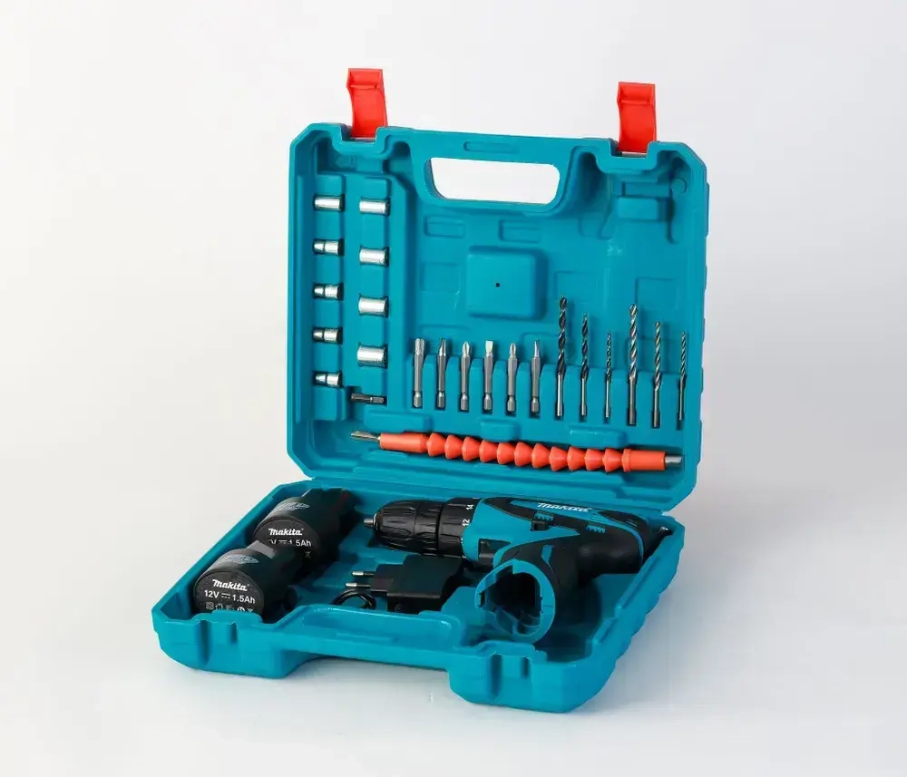 Дрель-Шуруповерт Makita Шуруповерт аккумуляторный 12V, аккумуляторный, Макита 12В, 2 АКБ / Кейс с набором бит, свёрел и головок / шуруповерт с набором инструментов
