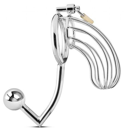 Мужской пояс верности с анальной пробкой Sinner Metal Penis Cage With Anal Hook №1 (Цвет: серебристый)