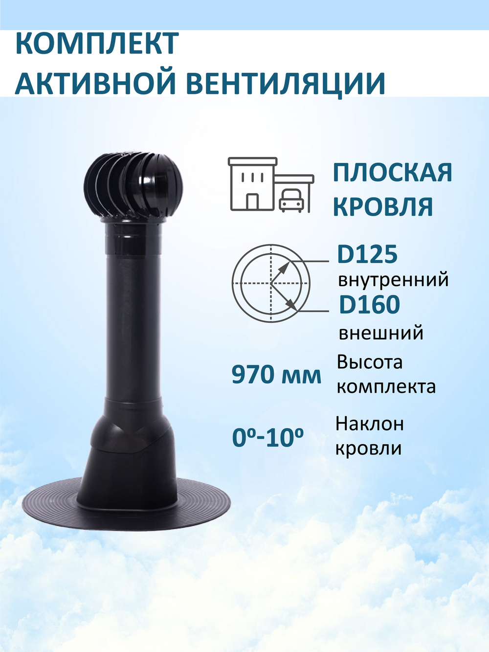 Комплект активной вентиляции: Вентиляционный выход изолированный D125/160 утепленный высота H=700 мм, проходной элемент для плоской кровли ТП-187, турбодефлектор Ø 160 мм, серый
