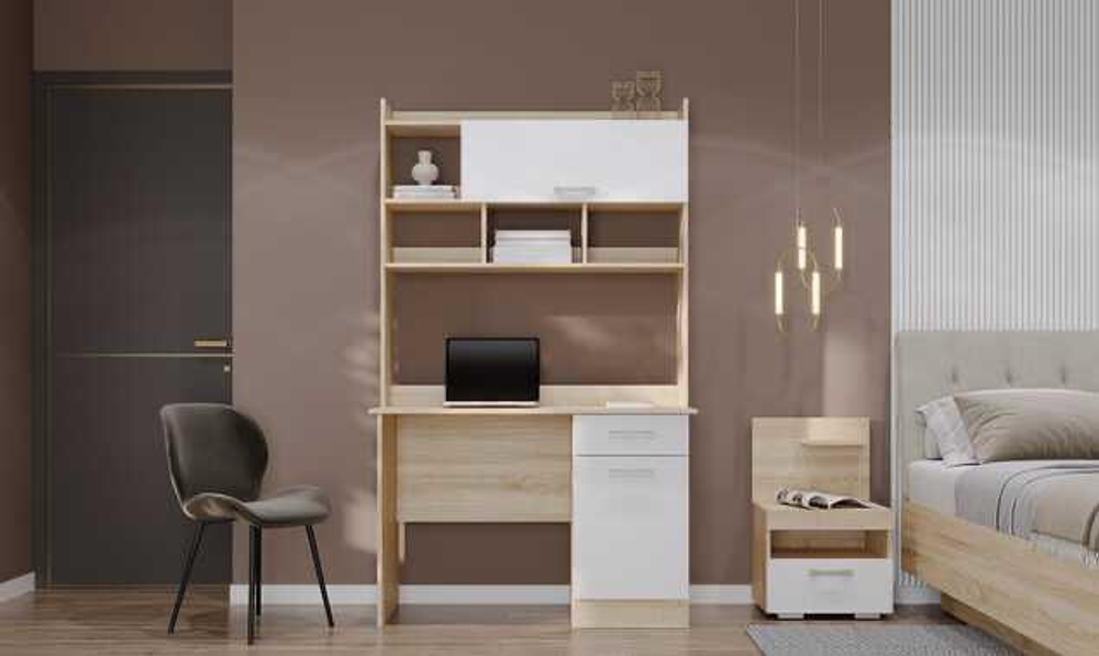 Стол компьютерный с ящиками и полками Дуб Сонома/Белый глянец 111,8х57х188,2 см