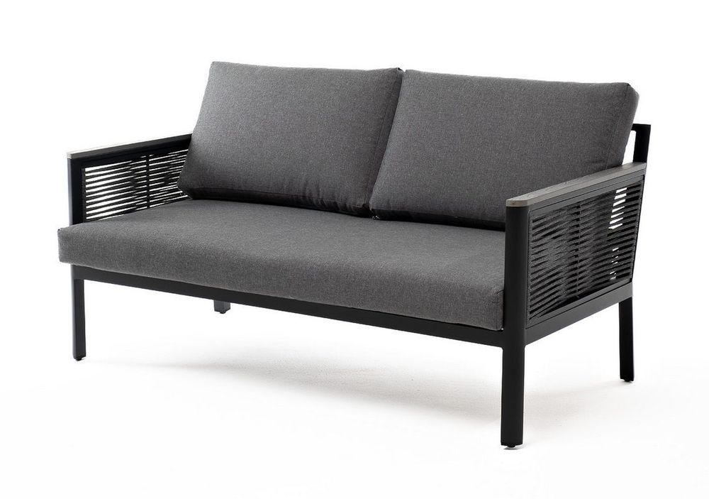 "Сан Ремо" диван 2-местный плетеный из роупа, каркас алюминий темно-серый, роуп серый, ткань серая