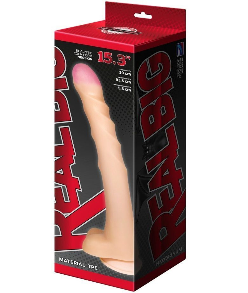 Телесный ребристый фаллоимитатор-супергигант с мошонкой на присоске - 39 см. (Цвет: телесный)