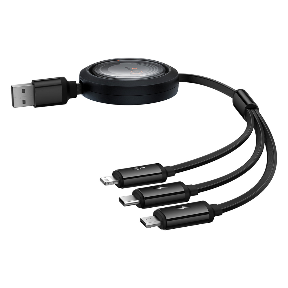 Кабель USB-A - C+L+M Baseus Free2Draw Retractable Crystal Charging+Data 3.5A 1.1m - Cluster Black