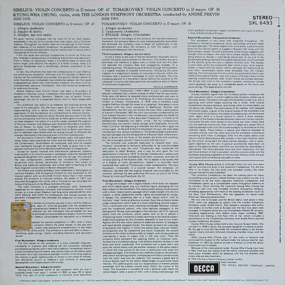 Kyung-Wha Chung, London Symphony Orchestra, Andre Previn / Tchaikovsky, Sibelius: Violin Concertos (LP)