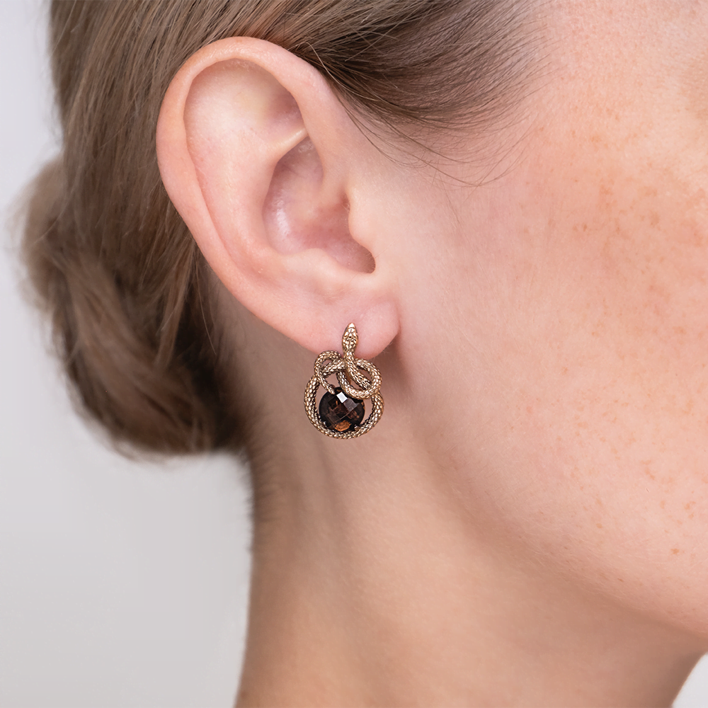 Серьги «Искушение» с английским замком из красного золота с кварцем дымчатым