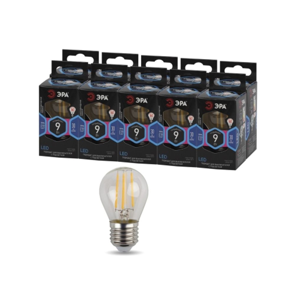 Лампа светодиодная ЭРА F-LED P45-9W-840-E27 E27 / Е27 9Вт филамент шар нейтральный белый свет | Филаментные декоративные