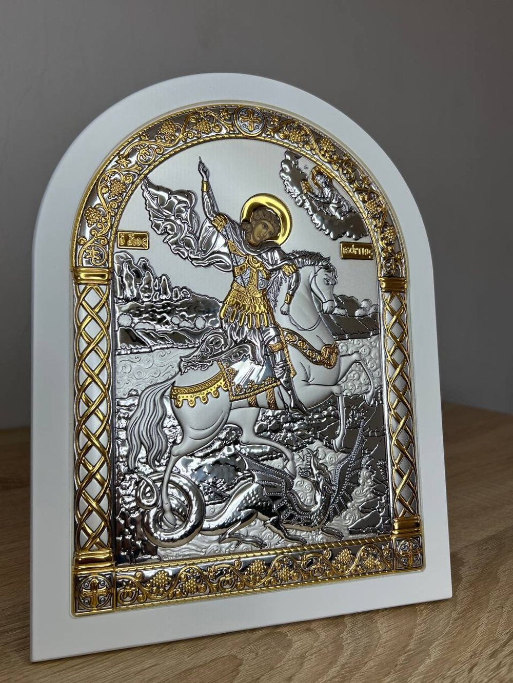 Георгий Победоносец, икона арочная, белое дерево 206х275