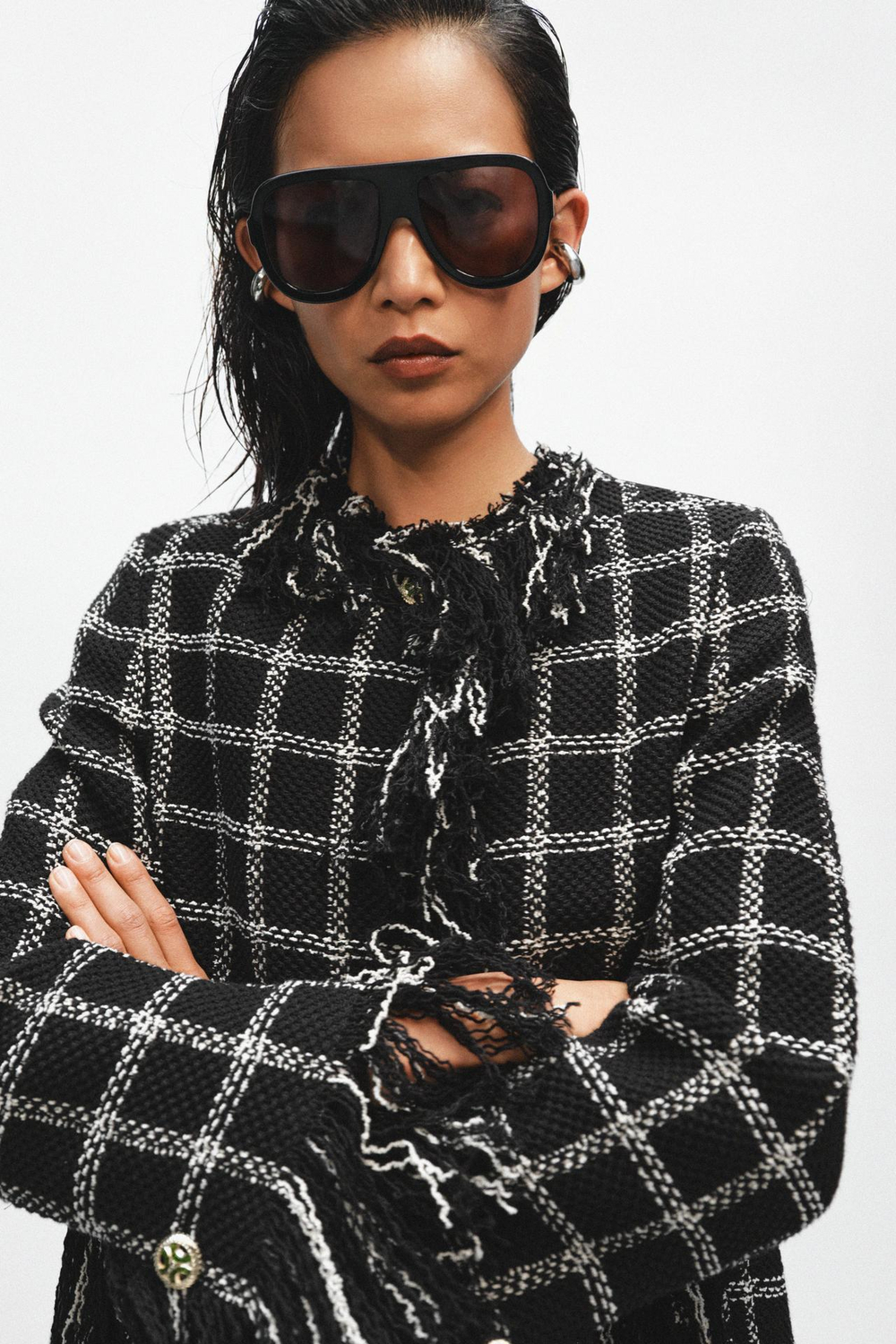 ZARA КУРТКА В КЛЕТКУ С БАХРОМОЙ — ZW COLLECTION, ЧЕРНЫЙ/БЕЛЫЙ