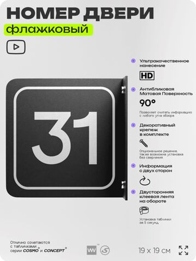 Табличка флажковая с номером 31 на дверь квартиры, для офиса, кабинета, аудитории, склада, черная двустороняя 19х19 см, Айдентика Технолоджи
