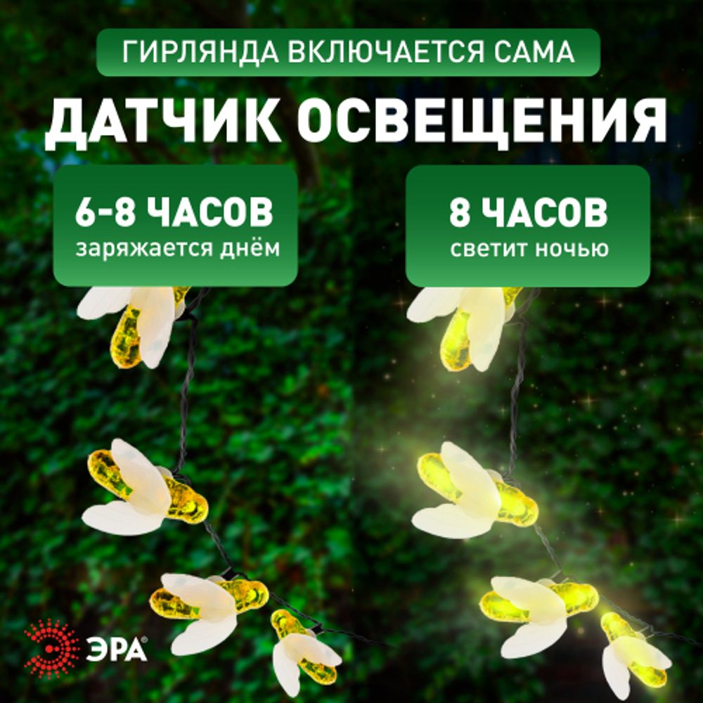 ERASG024-03 ЭРА Садовая гирлянда Пчелки на солнечной батарее, 5,8 м