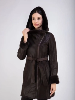 Дубленка женская натуральная длинная с капюшоном Турция