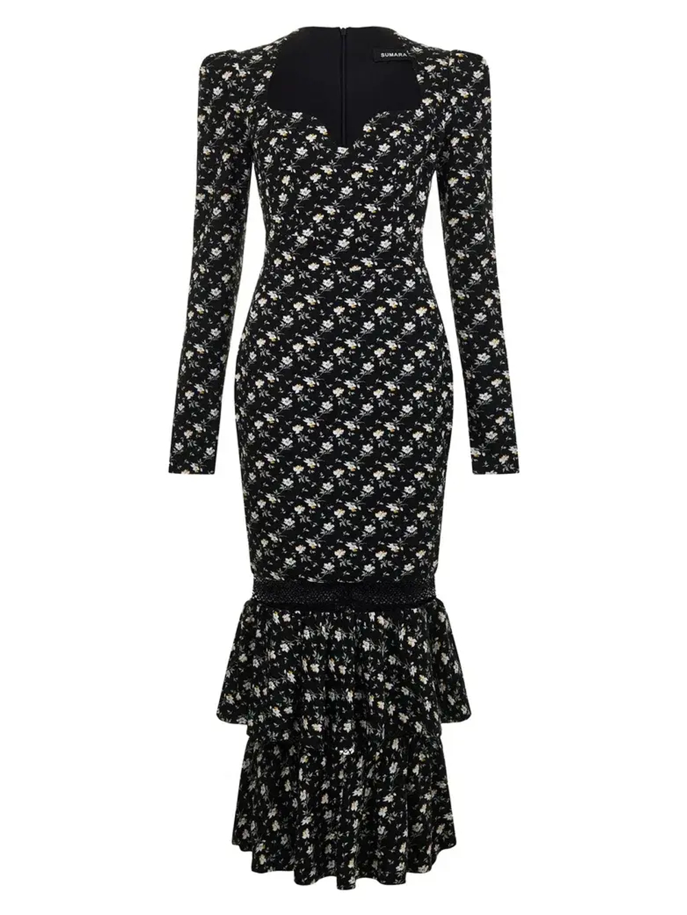 Шелковое платье макси с декольте и воланами цветочки