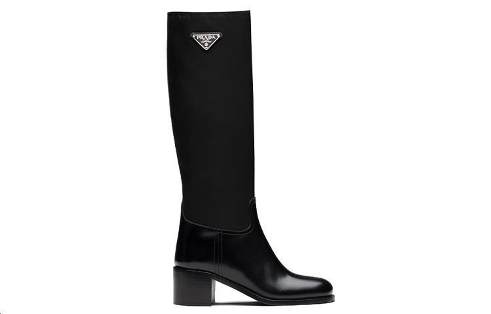PRADA Black Brushed Leather And Re nylon Knee Boots "Black" Women"s