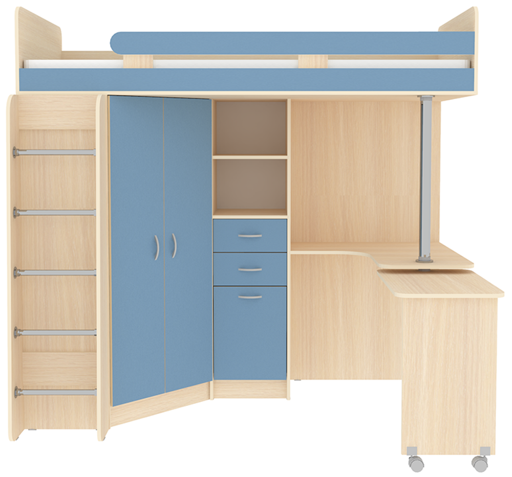 Кровать-чердак КарИВи Юниор 3 с металлической лестницей  Дуб Молочный Светло-синий, голубой
