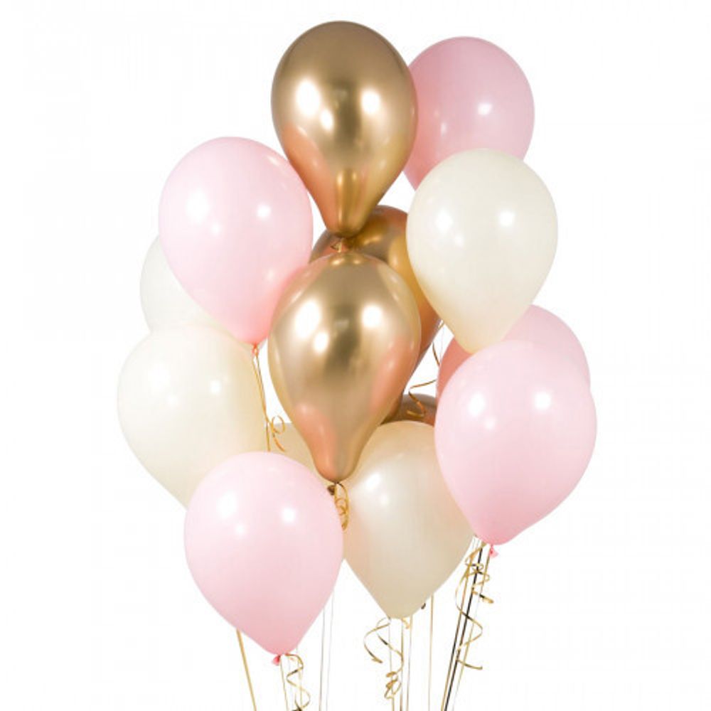 Фонтан из шаров «Золотой Хром» с бело-розовыми латексными шарами