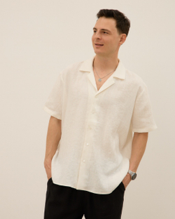 Рубашка мужская, с коротким рукавом, из 100% льна, молочная