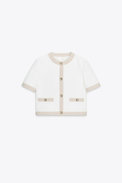 ZARA КОМБИНИРОВАННЫЙ БЛЕЙЗЕР С КОРОТКИМИ РУКАВАМИ, ЖЕЛТОВАТО-БЕЛЫЙ