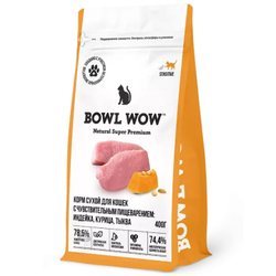 Сухой корм Bowl Wow для кошек с чувствительным пищеварением, с индейкой, курицей и тыквой - 0,4 кг