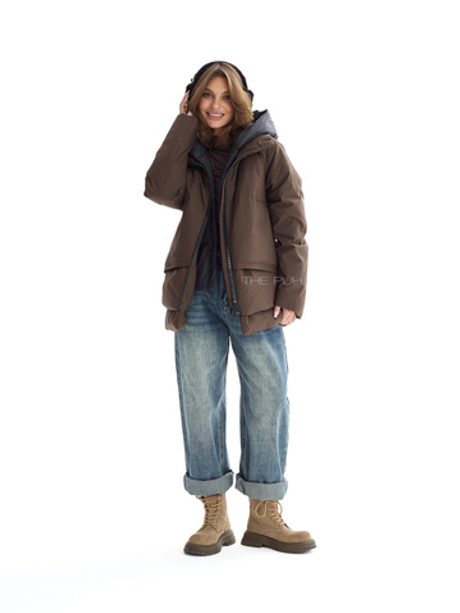 Коричневый пуховик с акцентной молнией