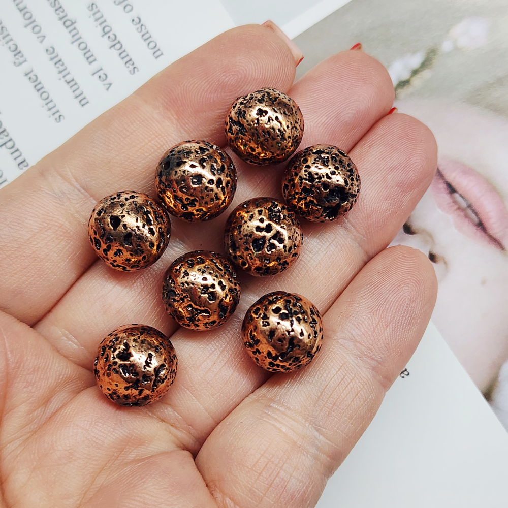 Лава натуральная, бусины метализированные, цвет медный, луна, 12мм, штучно