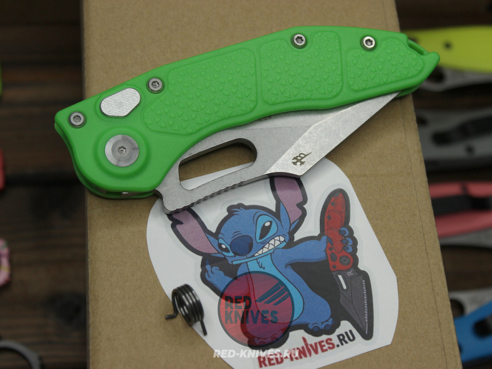 Нож Microtech Stitch Acid Green + пружина - светлый клинок, рукоять нейлон