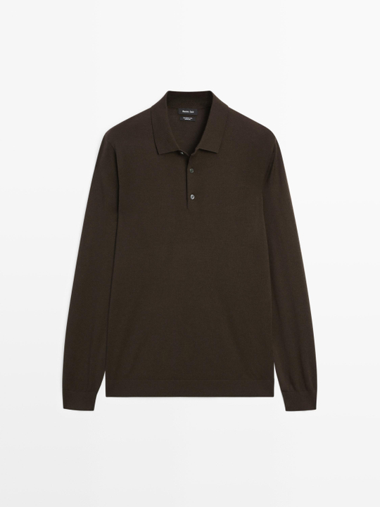 Massimo Dutti Трикотажное свитер поло из 100% мериносовой шерсти, коричневый