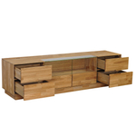 Тумба под телевизор Паво из дуба с подсветкой 180х42х50, 2 двери со стеклом, 4 ящика, цвет натуральный