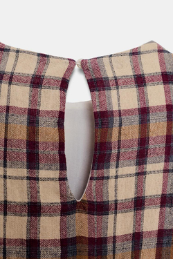 ZARA МИНИ-ПЛАТЬЕ В КЛЕТКУ, ЭКРЮ/ГРАНАТОВЫЙ