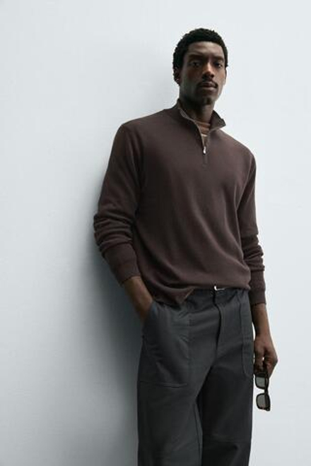 ZARA ДЖЕМПЕР ЖЕМЧУЖНОЙ ВЯЗКИ С МОЛНИЕЙ, ТЕМНО-КОРИЧНЕВЫЙ