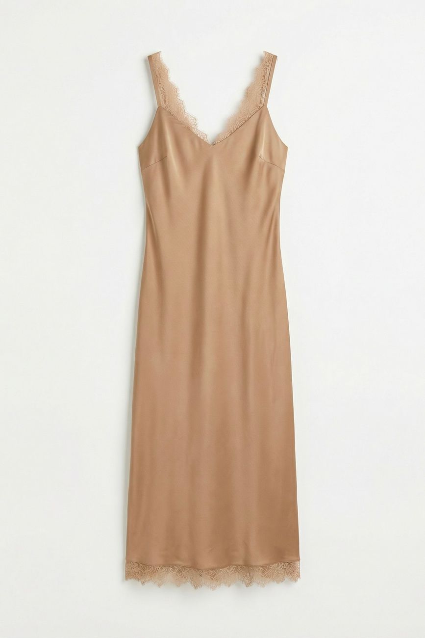 Платье-комбинация с кружевом, капучино