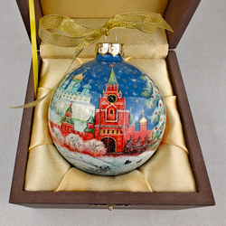 Шар новогодний с круговой росписью Палех "Кремлевская елка" -2 в футляре