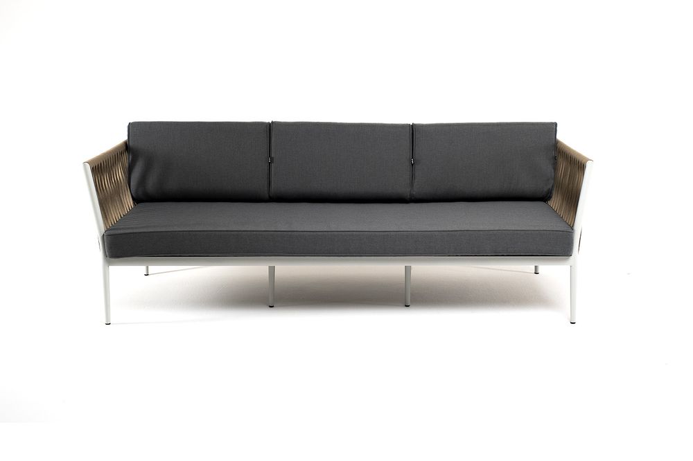 "Касабланка" диван 3-местный плетеный из роупа, каркас алюминий светло-серый (RAL7035) муар, роуп серо-коричневый 23мм, ткань серая 017