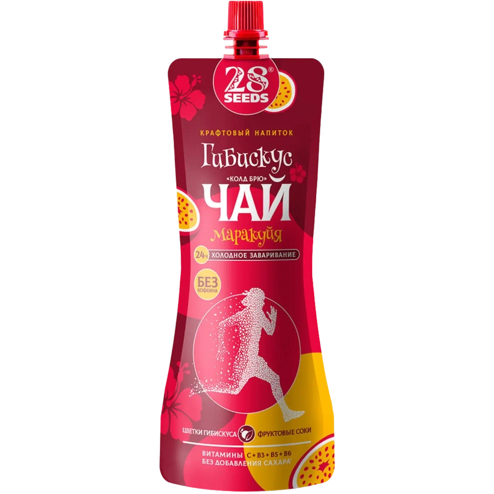 Гибискус чай «Колд брю» Маракуйя 28SEEDS, 250 мл, яркий холодный чай в дой-паке, вид спереди